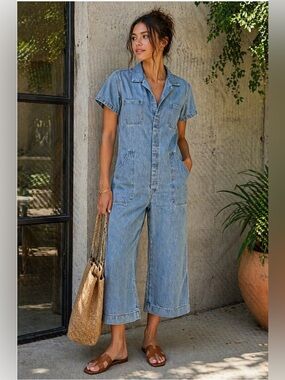 *Caron Callahan Denim Jumpsuit M Utility Workwear Wide Leg‎ Blue Cotton Hemp USA